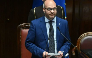 Member of the right-wing Lega (League) party, Lorenzo Fontana, delivers a speech after being elected new speaker of the lower house on Oct. 14, 2022, at the parliament building in Rome. Photo by ALBERTO PIZZOLI/AFP via Getty Images