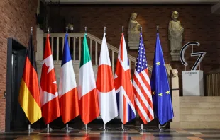 Flags of (left to right) Germany, Canada, France, Italy, Japan, Great Britain, USA, and Europe are displayed for a G7 Foreign Ministers Meeting at the City Hall in Muenster, western Germany on Nov. 3, 2022. Credit: WOLFGANG RATTAY/POOL/AFP via Getty Images