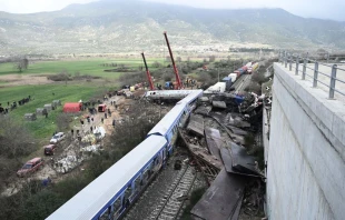 Police and emergency crews search wreckage after a train accident in the Tempi Valley near Larissa, Greece, March 1, 2023. At least 36 people were killed and another 85 injured after a collision between two trains caused a derailment near the Greek city of Larissa late at night on Feb. 28, 2023, authorities said. Photo by SAKIS MITROLIDIS/AFP via Getty Images