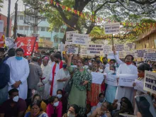 Activists wave placards and chant slogans as they participate in a demonstration against the Protection of Right to Freedom of Religion Bill, also known as the Anti-Conversion Bill, on Dec. 22, 2021, in Bengaluru, India.