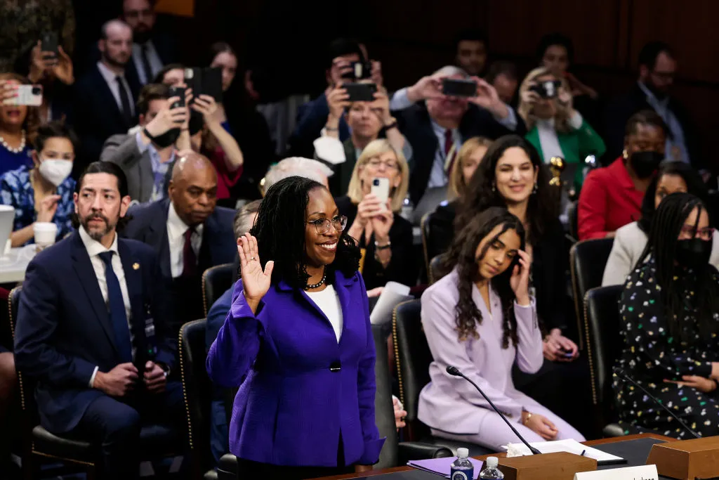 U.S. Supreme Court nominee Judge Ketanji Brown Jackson is sworn-in during her confirmation hearing before the Senate Judiciary Committee in the Hart Senate Office Building on Capitol Hill March 21, 2022 in Washington, DC. Judge Ketanji Brown Jackson, President Joe Biden's pick to replace retiring Justice Stephen Breyer on the U.S. Supreme Court, will begin four days of nomination hearings before the Senate Judiciary Committee.?w=200&h=150