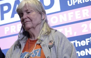 Pro-life activist Joan Andrews Bell listens during a news conference on the five fetuses found inside the home where she and other anti-abortion activists were living on Capitol Hill at a news conference at the Hyatt Regency on April 5, 2022, in Washington, D.C. Credit: Anna Moneymaker/Getty Images