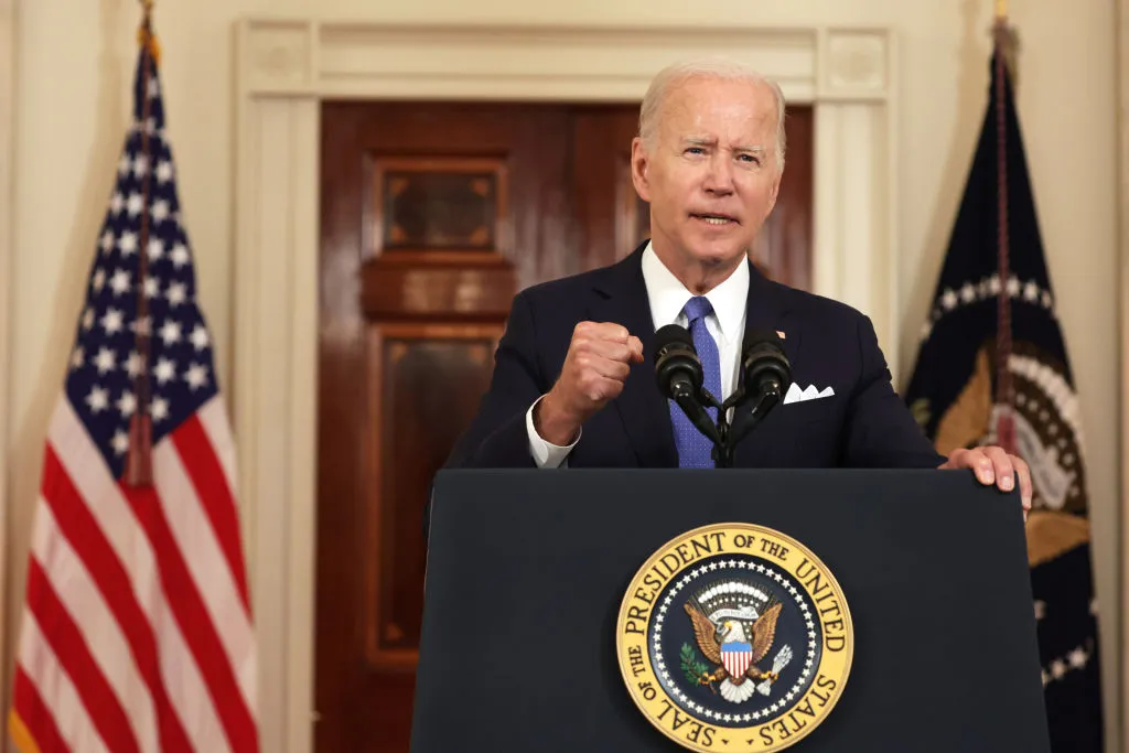 U.S. President Joe Biden addresses the Supreme Court’s decision on Dobbs v. Jackson Women's Health Organization to overturn Roe v. Wade June 24, 2022 in Cross Hall at the White House in Washington, DC.?w=200&h=150