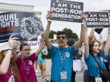 Pro-life activists chant during a Celebrate Life Day Rally at the Lincoln Memorial on the first anniversary of the overturning of Roe v. Wade, June 24, 2023, in Washington, D.C.