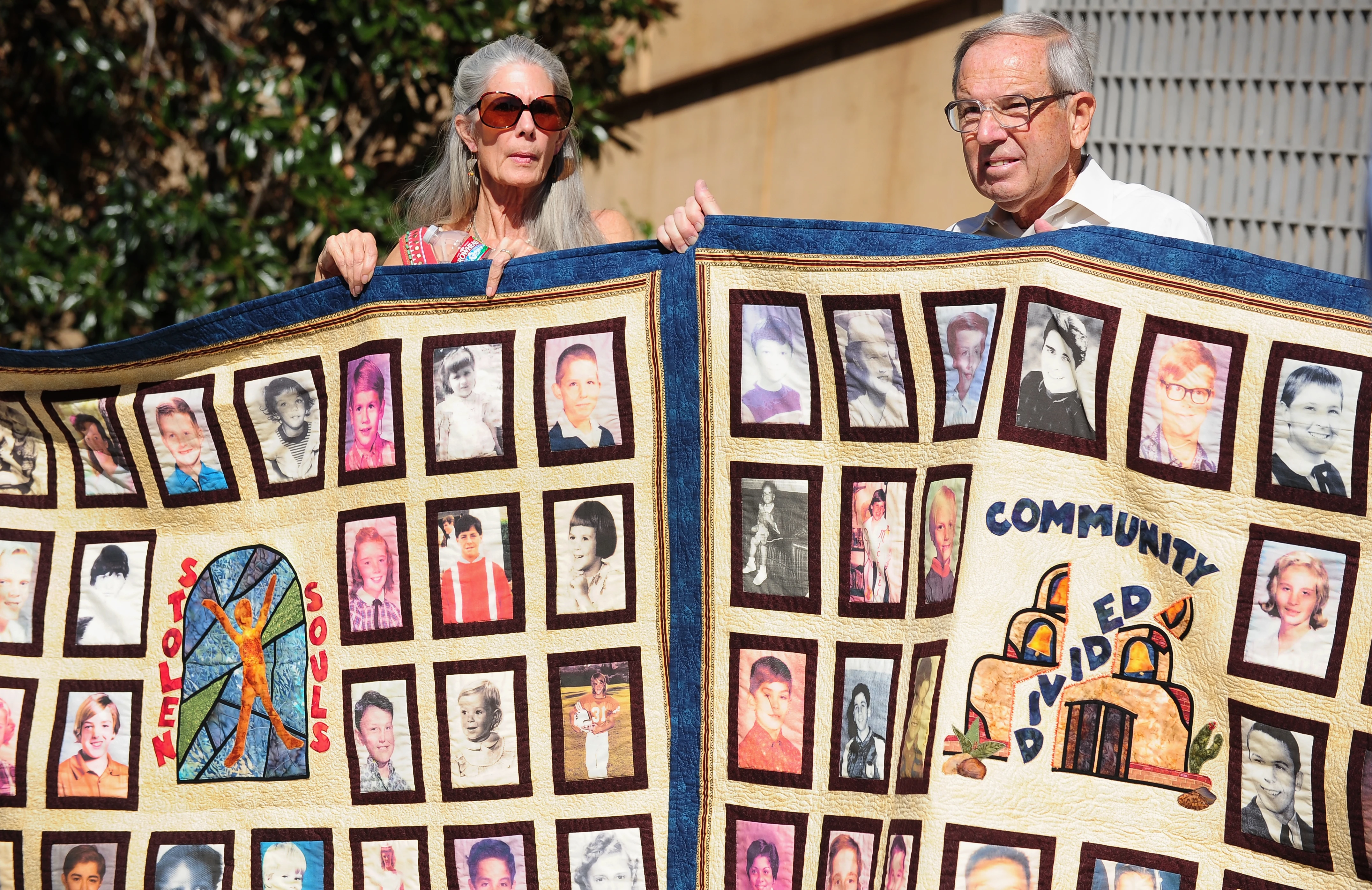 Abuse victims and their supporters hold quilts bearing portraits of abused children while gathered outside the Cathedral of Our Lady of the Angels in Los Angeles on Feb. 1, 2013, one day after the release of personnel files of priests accused of sexual misconduct.?w=200&h=150