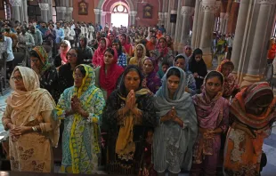 Catholics attend Mass at Sacred Heart Cathedral, the seat of the Archdiocese of Lahore, on Aug. 20, 2023, four days after mob attacked several Pakistani churches over blasphemy allegations. More than 80 Christian homes and 19 churches were vandalized when hundreds rampaged through a Christian neighbourhood in Jaranwala in Punjab province on Aug. 16. Credit: ARIF ALI/AFP via Getty Images