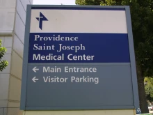 A sign for the Providence St. Joseph Medical Center is on display near the hospital in Burbank, California.