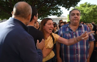 Armenians protest to urge the government to respond to the Azerbaijani military operation launched against the breakaway Nagorno-Karabakh region outside the government building in central Yerevan on Sept. 19, 2023. Credit: Karenn Minasyan/AFP via Getty Images