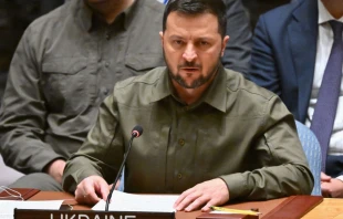 Ukrainian President Volodymyr Zelenskyy speaks during a high level Security Council meeting on the situation in Ukraine on the sidelines of the 78th U.N. General Assembly at U.N. headquarters in New York City on Sept. 20, 2023. Credit: ANGELA WEISS/AFP via Getty Images