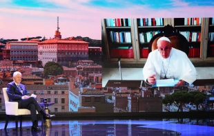 Former President Bill Clinton and Pope Francis have a virtual conversation during the Clinton Global Initiative meeting at the Hilton Midtown on Sept. 18, 2023, in New York City. Credit: Michael M. Santiago/Getty Images