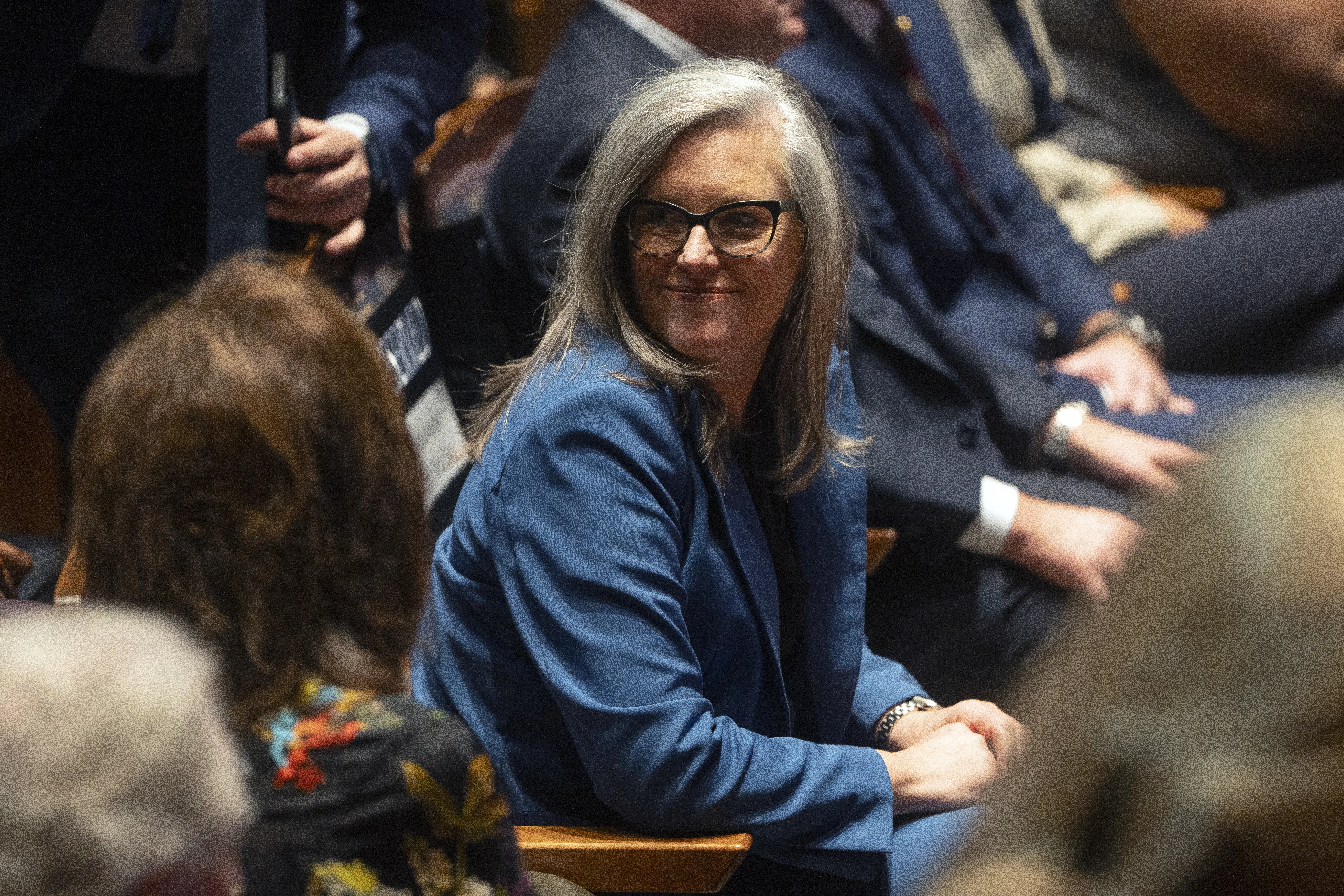 Arizona Gov. Katie Hobbs sits in the audience prior to President Joe Biden's remarks at the Tempe Center for the Arts on Sept 28, 2023, in Tempe, Arizona.?w=200&h=150