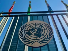 The United Nations logo is seen at U.N. headquarters in New York on Oct. 4, 2023.