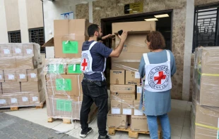 Workers prepare to distribute medical aid and medicines to Nasser Medical Hospital in the city of Khan Yunis, south of the Gaza Strip, which recently arrived through the Rafah crossing on Oct. 29, 2023, in Khan Yunis, Gaza. Credit: Ahmad Hasaballah/Getty Images