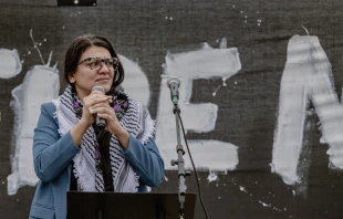 Rashida Tlaib, a Democratic representative from Michigan and the sole Palestinian-American member of Congress, addressed a demonstration at the National Mall in Washington, D.C., on Friday, Oct. 20, 2023, to show her support for the Palestinian cause. Credit: ALI KHALIGH/Middle East Images/AFP via Getty Images