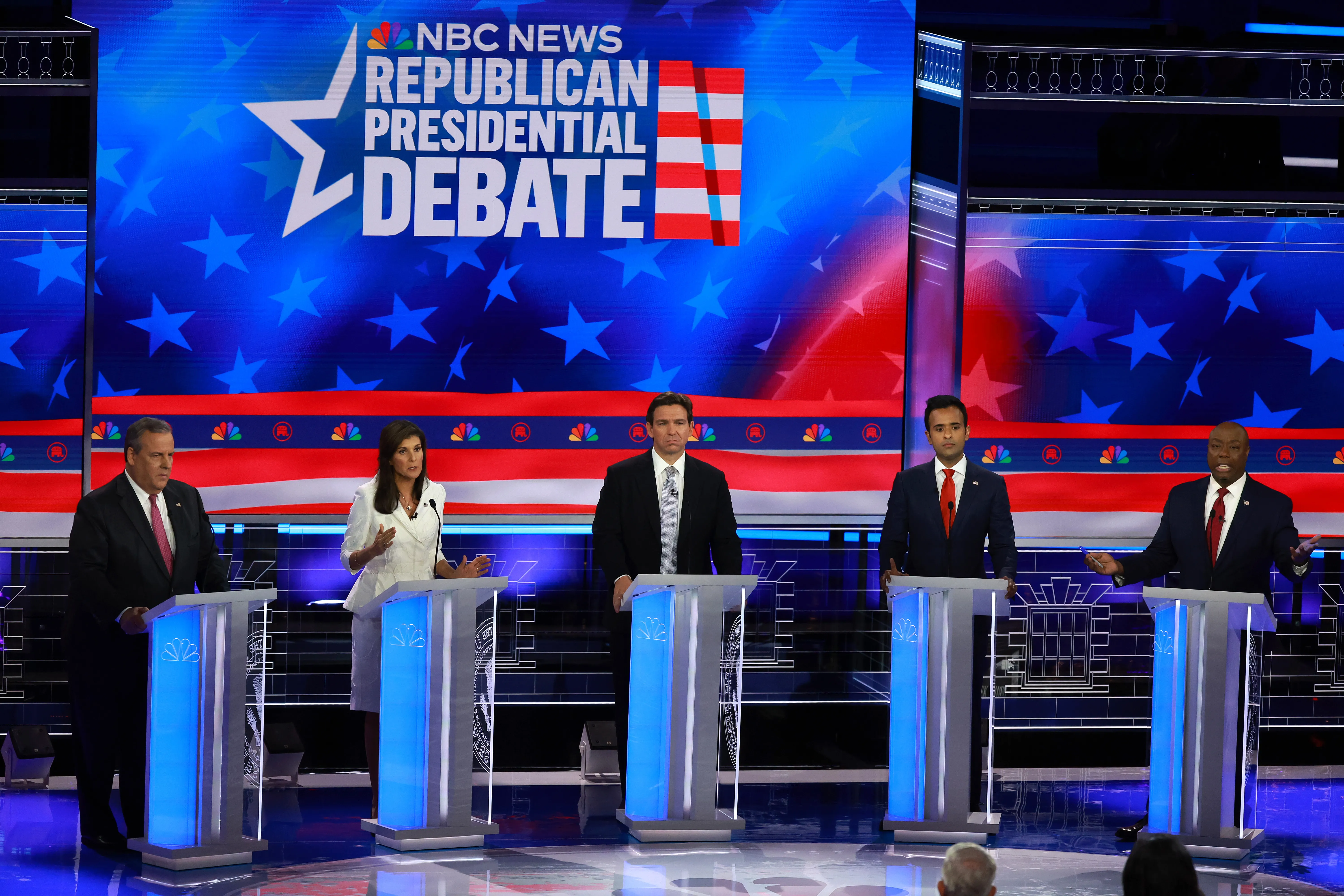 Republican presidential candidates (L-R) former New Jersey Gov. Chris Christie, former U.N. Ambassador Nikki Haley, Florida Gov. Ron DeSantis, Vivek Ramaswamy and U.S. Sen. Tim Scott (R-SC) participate in the NBC News Republican Presidential Primary Debate at the Adrienne Arsht Center for the Performing Arts of Miami-Dade County on Nov. 8, 2023, in Miami.?w=200&h=150