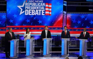 Republican presidential candidates (L-R) former New Jersey Gov. Chris Christie, former U.N. Ambassador Nikki Haley, Florida Gov. Ron DeSantis, Vivek Ramaswamy and U.S. Sen. Tim Scott (R-SC) participate in the NBC News Republican Presidential Primary Debate at the Adrienne Arsht Center for the Performing Arts of Miami-Dade County on Nov. 8, 2023, in Miami. Credit: Joe Raedle/Getty Images