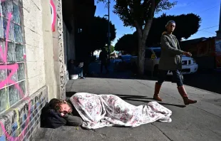 A homeless man sleeps on the sidewalk in downtown Los Angeles on Nov. 22, 2023. Credit: FREDERIC J. BROWN/AFP via Getty Images