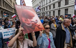 Protesters hold a placard depicting an unborn baby as they take part in the March of Life in Warsaw, on April 14, 2024. Credit: WOJTEK RADWANSKI/AFP via Getty Images