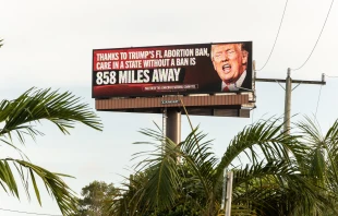 A billboard sponsored by the Democratic National Committee with the message “Trump’s Plan: Ban Abortion, Punish Women” is pictured on May 1, 2024, in Hollywood, Florida. Credit: John Parra/Getty Images for DNC