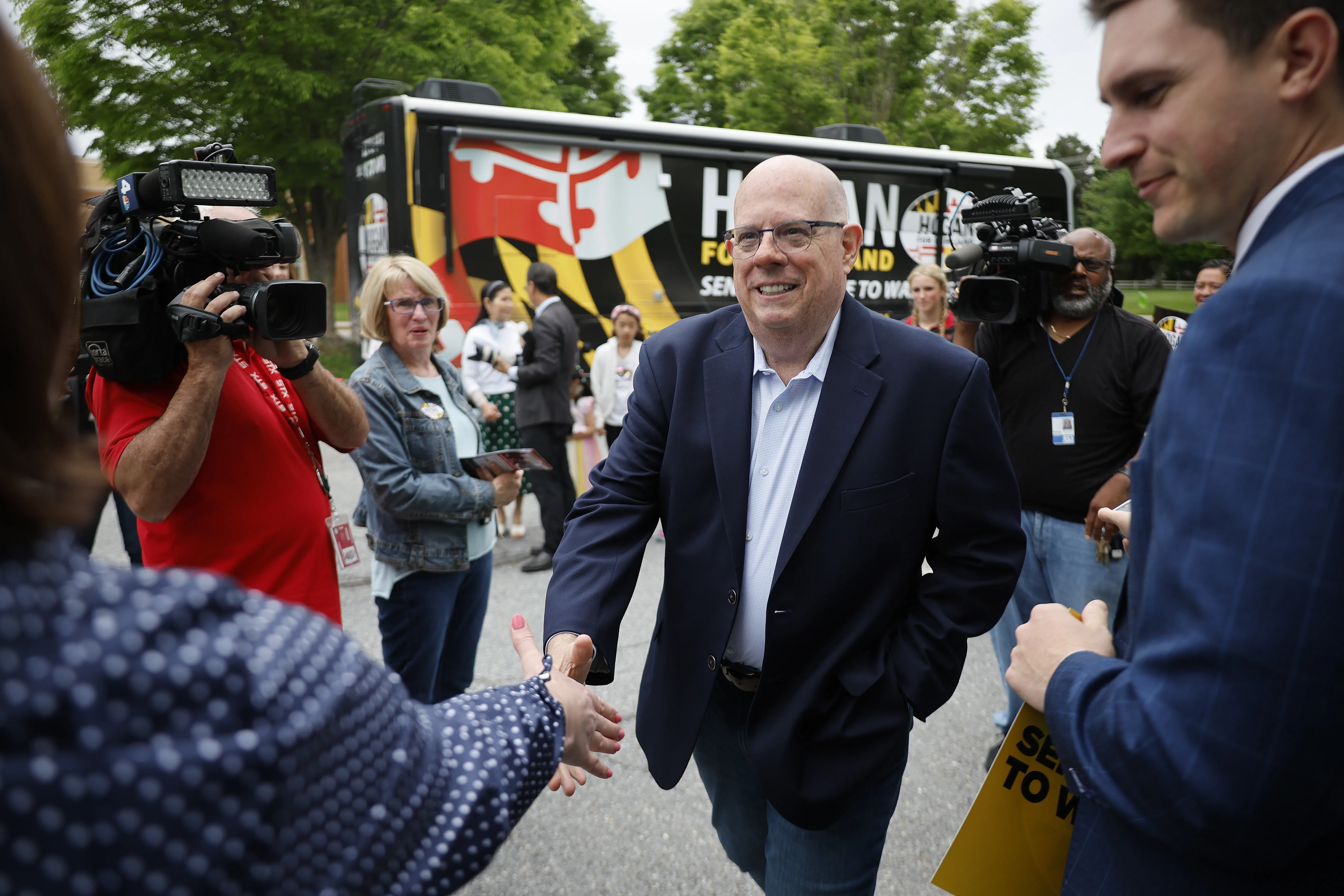 Larry Hogan, Republican candidate for U.S. Senate in Maryland, greets supporters before casting his ballot in the state primary election at Davidsonville Elementary School on May 14, 2024, in Davidsonville, Maryland.?w=200&h=150