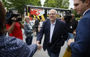 Larry Hogan, Republican candidate for U.S. Senate in Maryland, greets supporters before casting his ballot in the state primary election at Davidsonville Elementary School on May 14, 2024, in Davidsonville, Maryland. Credit: Chip Somodevilla/Getty Images