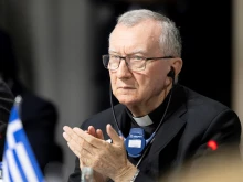 Vatican Secretary of State Cardinal Pietro Parolin attends a plenary session during the Summit on Peace in Ukraine on June 16, 2024.