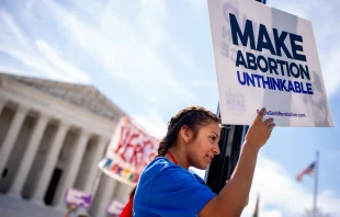 A pro-life supporter stands on a lamppost and holds a sign that reads "MAKE ABORTION UNTHINKABLE" in front of the Supreme Court on June 20, 2024, in Washington, D.C. Credit: Andrew Harnik/Getty Images