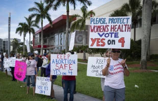 People hold up signs during a pro-abortion rally on the second anniversary of the Supreme Court ruling to overturn Roe v. Wade in West Palm Beach, Florida, on June 24, 2024. Credit: MARCO BELLO/AFP via Getty Images