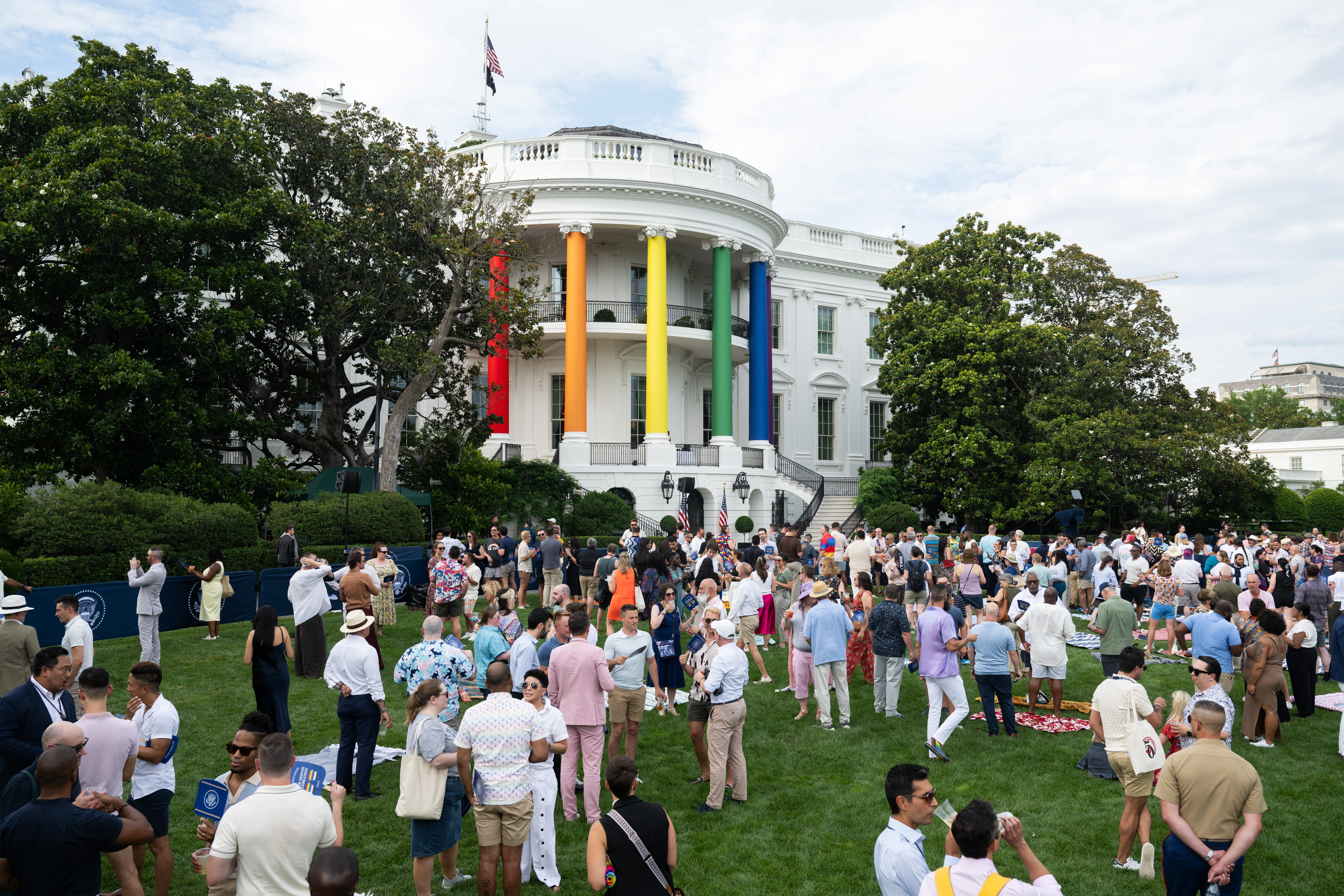 The pillars of the South Portico of the White House are decorated in rainbow colors as guests attend a White House Pride Month celebration on the South Lawn of the White House in Washington, D.C., on June 26, 2024.?w=200&h=150