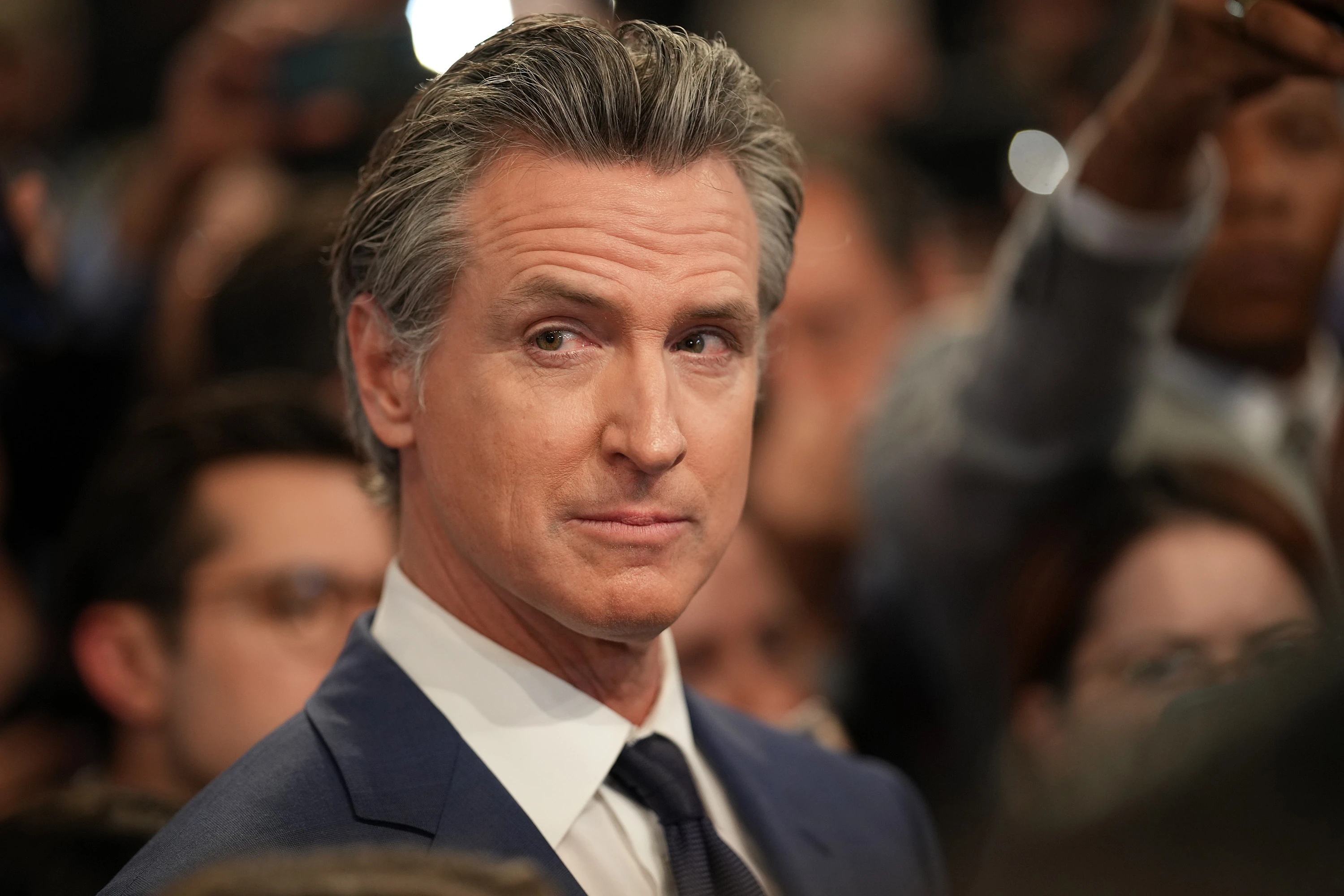 California Gov. Gavin Newsom speaks to reporters in the spin room following the CNN presidential debate between President Joe Biden and former president Donald Trump at the McCamish Pavilion on the Georgia Institute of Technology campus on June 27, 2024, in Atlanta.?w=200&h=150