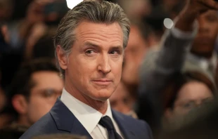 California Gov. Gavin Newsom speaks to reporters in the spin room following the CNN presidential debate between President Joe Biden and former president Donald Trump at the McCamish Pavilion on the Georgia Institute of Technology campus on June 27, 2024, in Atlanta. Credit: Andrew Harnik/Getty Images