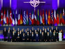 Heads of state pose for a group photo during the NATO 75th anniversary celebratory event at the Andrew Mellon Auditorium on July 9, 2024, in Washington, D.C.