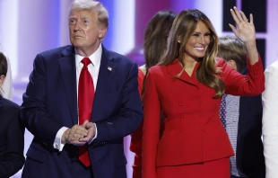 Former first lady Melania Trump joins Republican presidential nominee former president Donald Trump on stage at the Republican National Convention on July 18, 2024, in Milwaukee. Credit: Chip Somodevilla/Getty Images