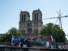 The main facade of Notre Dame de Paris Cathedral in Paris on July 28, 2024.