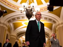 U.S. Senate Minority Leader Mitch McConnell, R-Kentucky, arrives for a news conference following weekly party policy luncheons at the Capitol on July 30, 2024, in Washington, D.C.