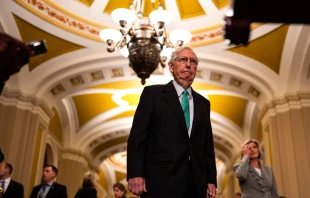 U.S. Senate Minority Leader Mitch McConnell, R-Kentucky, arrives for a news conference following weekly party policy luncheons at the Capitol on July 30, 2024, in Washington, D.C. Credit: Kent Nishimura/Getty Images