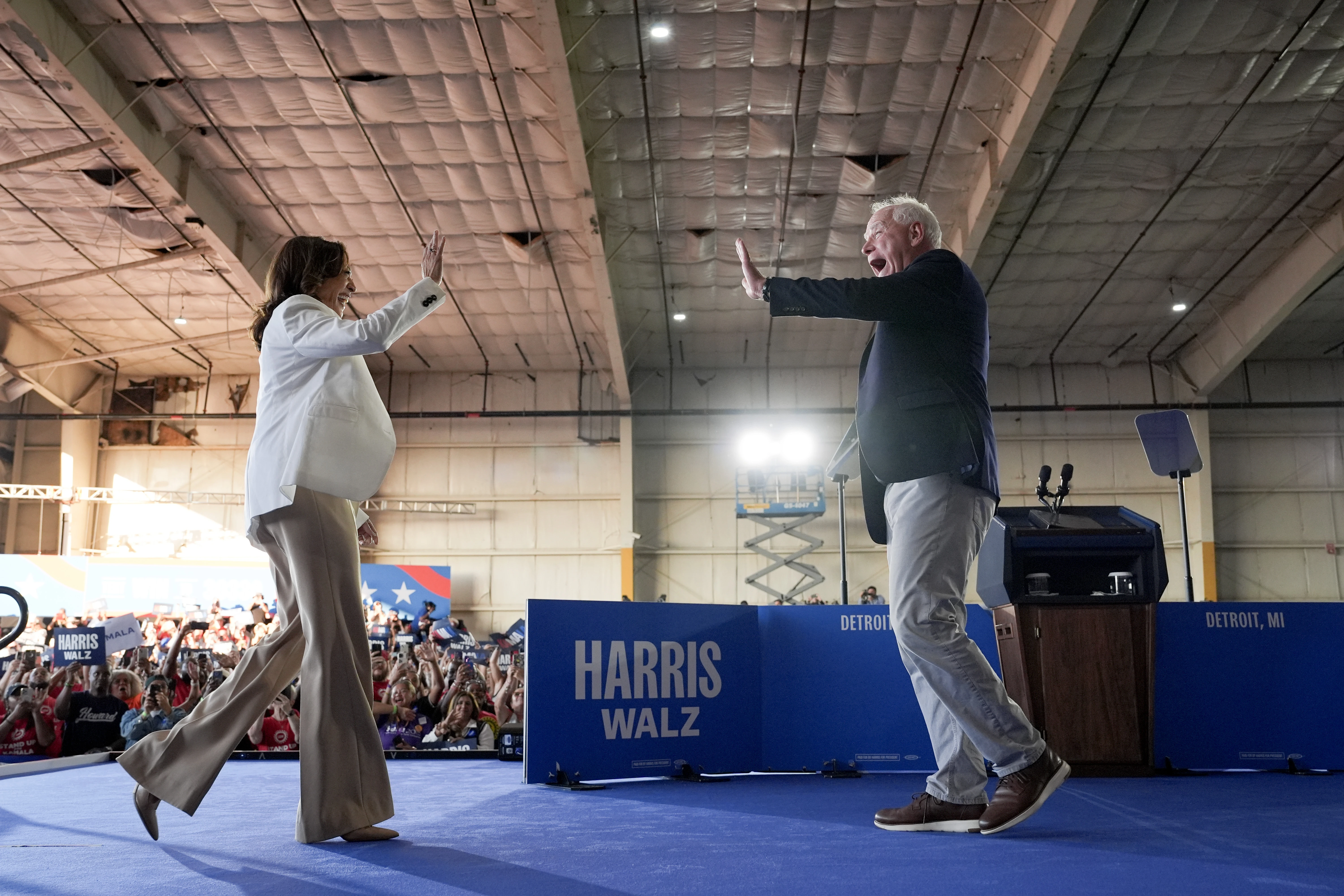 Democratic presidential candidate, U.S. Vice President Kamala Harris and Democratic vice presidential candidate Minnesota Gov. Tim Walz appear on stage together during a campaign event on Aug. 7, 2024, in Detroit.?w=200&h=150