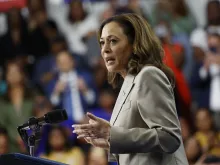 U.S. Vice President Kamala Harris gives remarks alongside U.S. President Joe Biden at Prince George’s Community College on Aug. 15, 2024, in Largo, Maryland.