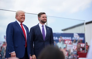 Republican presidential candidate and former U.S. president Donald Trump, left, poses for photos with Republican vice presidential candidate Sen. J.D. Vance of Ohio before making remarks to a crowd during an event on Aug. 21, 2024, in Asheboro, North Carolina. Credit: Melissa Sue Gerrits/Getty Images