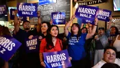 Supporters of the Latinos for Harris-Walz campaign attend a party to watch presidential candidate Vice President Kamala Harris deliver her acceptance speech in Los Angeles on Aug. 22, 2024, the fourth and last day of the Democratic National Convention.