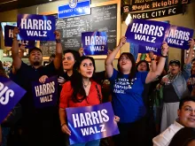 Supporters of the Latinos for Harris-Walz campaign attend a party to watch presidential candidate Vice President Kamala Harris deliver her acceptance speech in Los Angeles on Aug. 22, 2024, the fourth and last day of the Democratic National Convention.