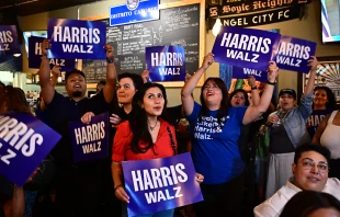 Supporters of the Latinos for Harris-Walz campaign attend a party to watch presidential candidate Vice President Kamala Harris deliver her acceptance speech in Los Angeles on Aug. 22, 2024, the fourth and last day of the Democratic National Convention. Credit: Photo by FREDERIC J. BROWN/AFP via Getty Images