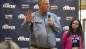 Sen. Jon Tester, D-Montana, speaks as Planned Parenthood Action Fund President and CEO Alexis McGill Johnson (right) looks on during a rally on Sept. 5, 2024, in Bozeman, Montana. The Right to Abortion Initiative will be on the Nov. 5 ballot as an amendment to Montana’s constitution. Tester attended the rally in support of the initiative.