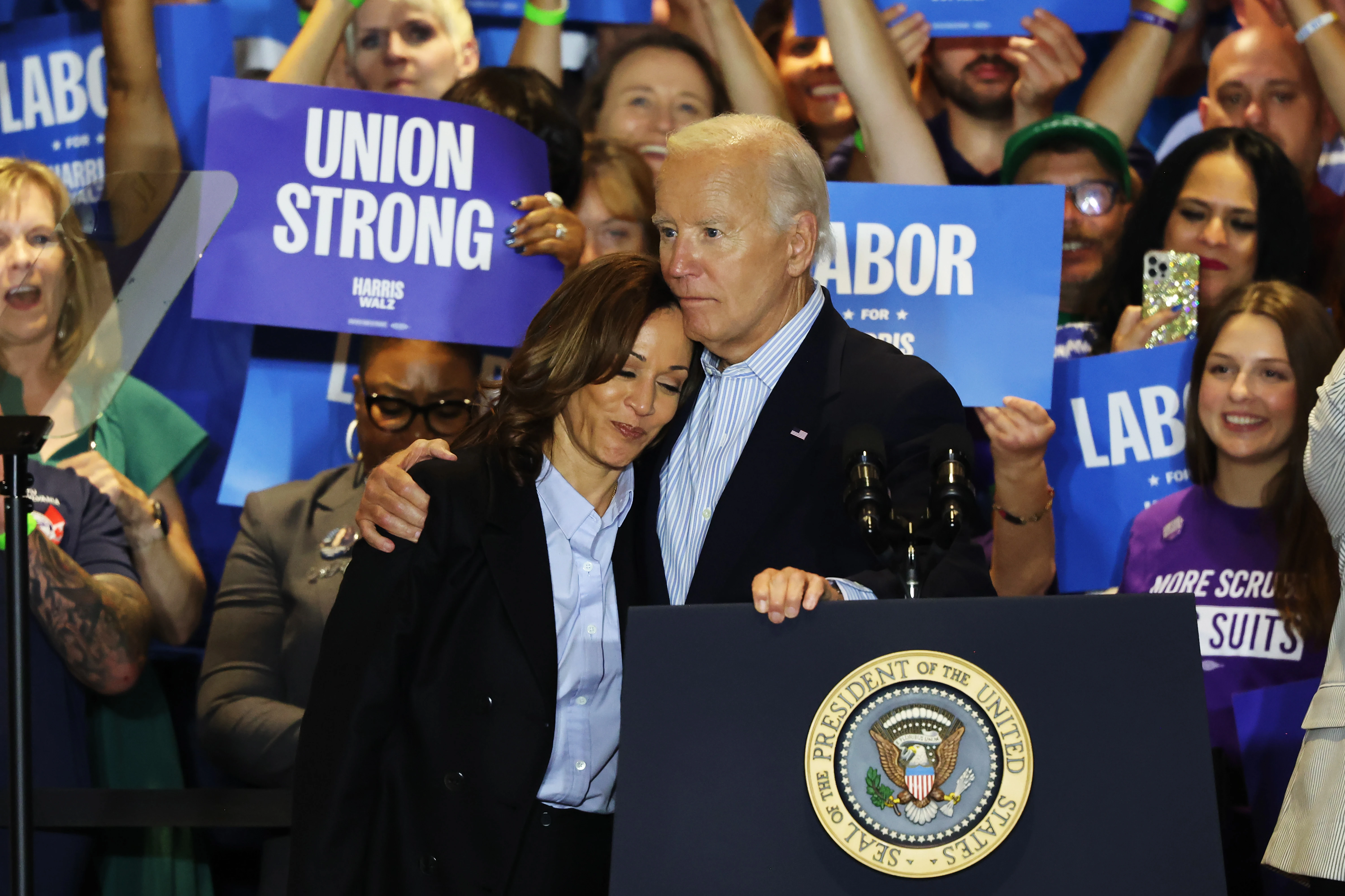 Vice President Kamala Harris is embraced by President Joe Biden, who described her as having "the moral compass of a saint" during a campaign event in Pittsburgh on Sept. 2, 2024.?w=200&h=150