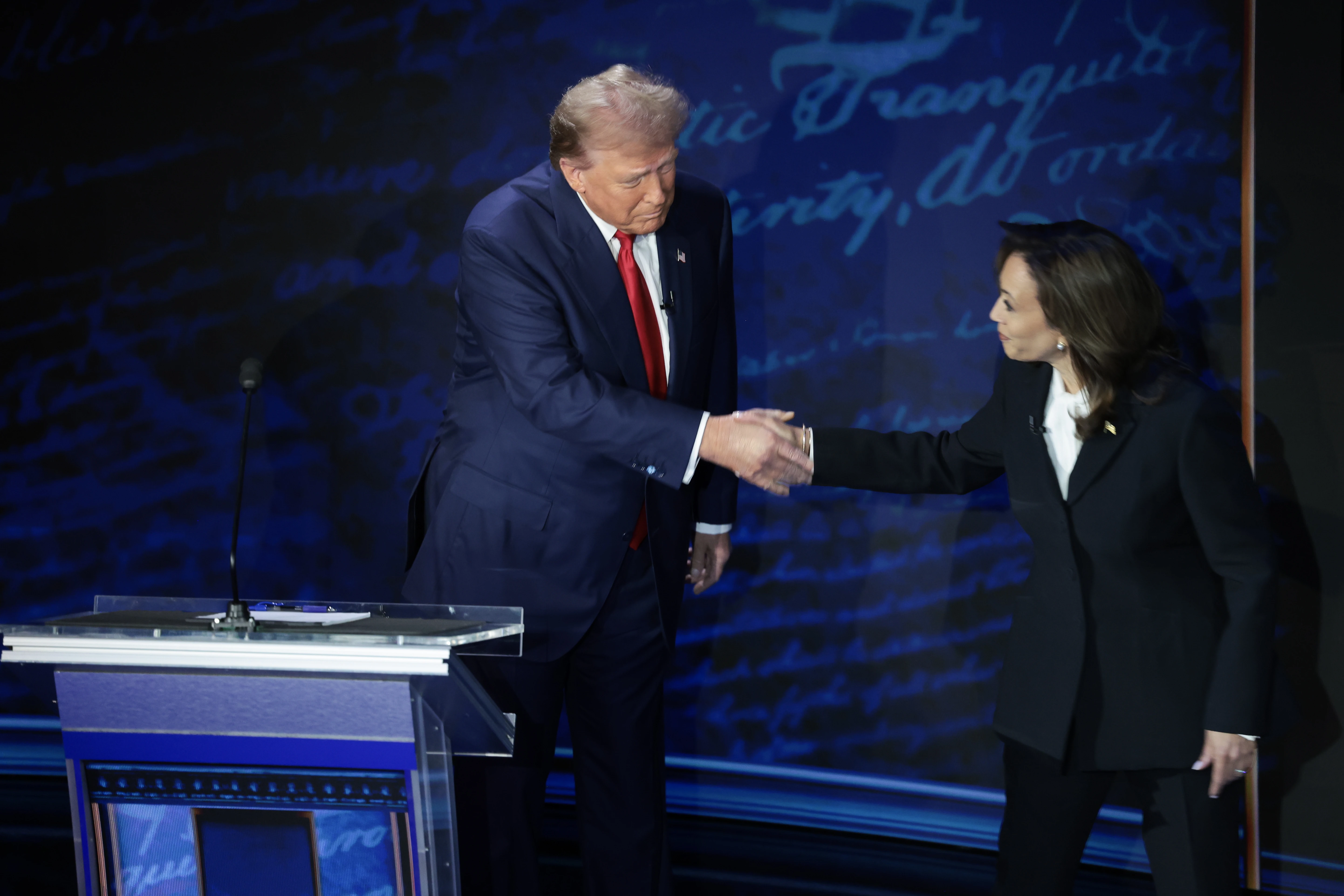 Republican presidential nominee former President Donald Trump and Democratic presidential nominee Vice President Kamala Harris greet each other as they debate for the first time during the presidential election campaign at the National Constitution Center on Sept. 10, 2024, in Philadelphia.?w=200&h=150