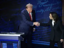 Republican presidential nominee former President Donald Trump and Democratic presidential nominee Vice President Kamala Harris greet each other as they debate for the first time during the presidential election campaign at the National Constitution Center on Sept. 10, 2024, in Philadelphia.