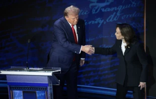 Republican presidential nominee former President Donald Trump and Democratic presidential nominee Vice President Kamala Harris greet each other as they debate for the first time during the presidential election campaign at the National Constitution Center on Sept. 10, 2024, in Philadelphia. Credit: Win McNamee/Getty Images