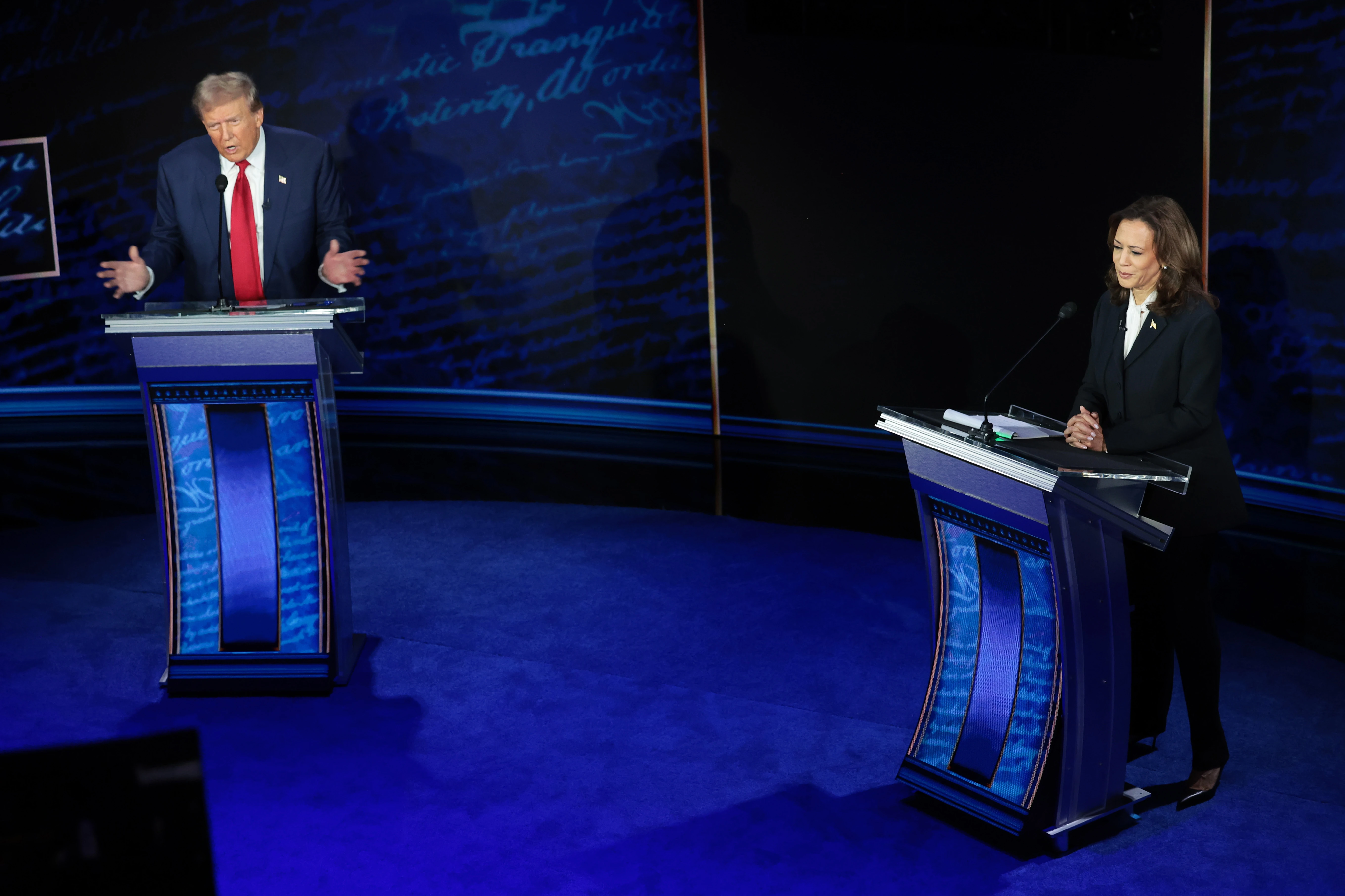 Republican presidential nominee former president Donald Trump and Democratic presidential nominee Vice President Kamala Harris debate for the first time during the presidential election campaign at the National Constitution Center on Sept. 10, 2024, in Philadelphia.?w=200&h=150