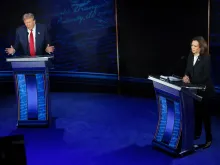 Republican presidential nominee former president Donald Trump and Democratic presidential nominee Vice President Kamala Harris debate for the first time during the presidential election campaign at the National Constitution Center on Sept. 10, 2024, in Philadelphia.