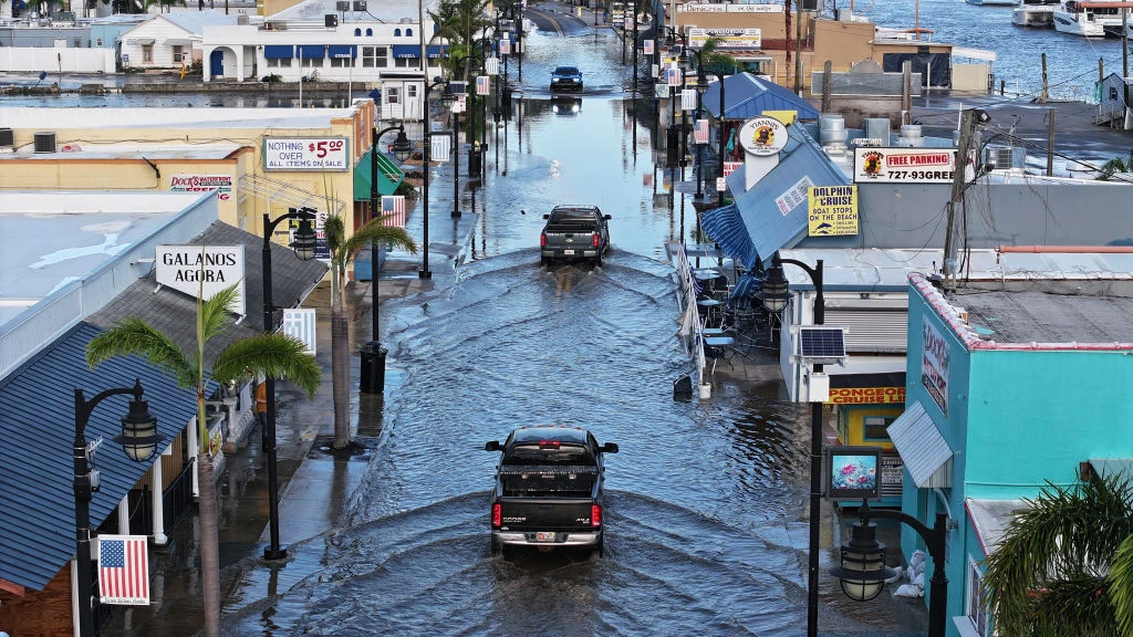 Floodwaters inundate the main street in Tarpon Springs, Florida, after Hurricane Helene passed offshore on Sept. 27, 2024. Hurricane Helene made landfall Thursday night in Florida’s Big Bend with winds up to 140 mph and storm surges.?w=200&h=150